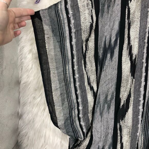 Big Buddha Boho Fringe Kimono Cardigan – Black Gray Striped Drape Open Front - Picture 2 of 7